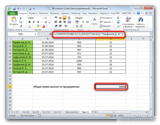 Как посчитать сумму произведений в Excel