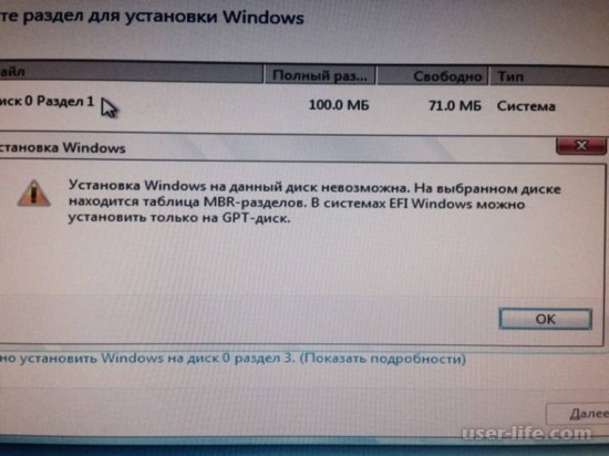 Ошибка диска MBR при установке Windows 10